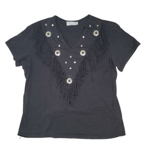 Young country fringe western cowgirl cowboy black tee shirt.